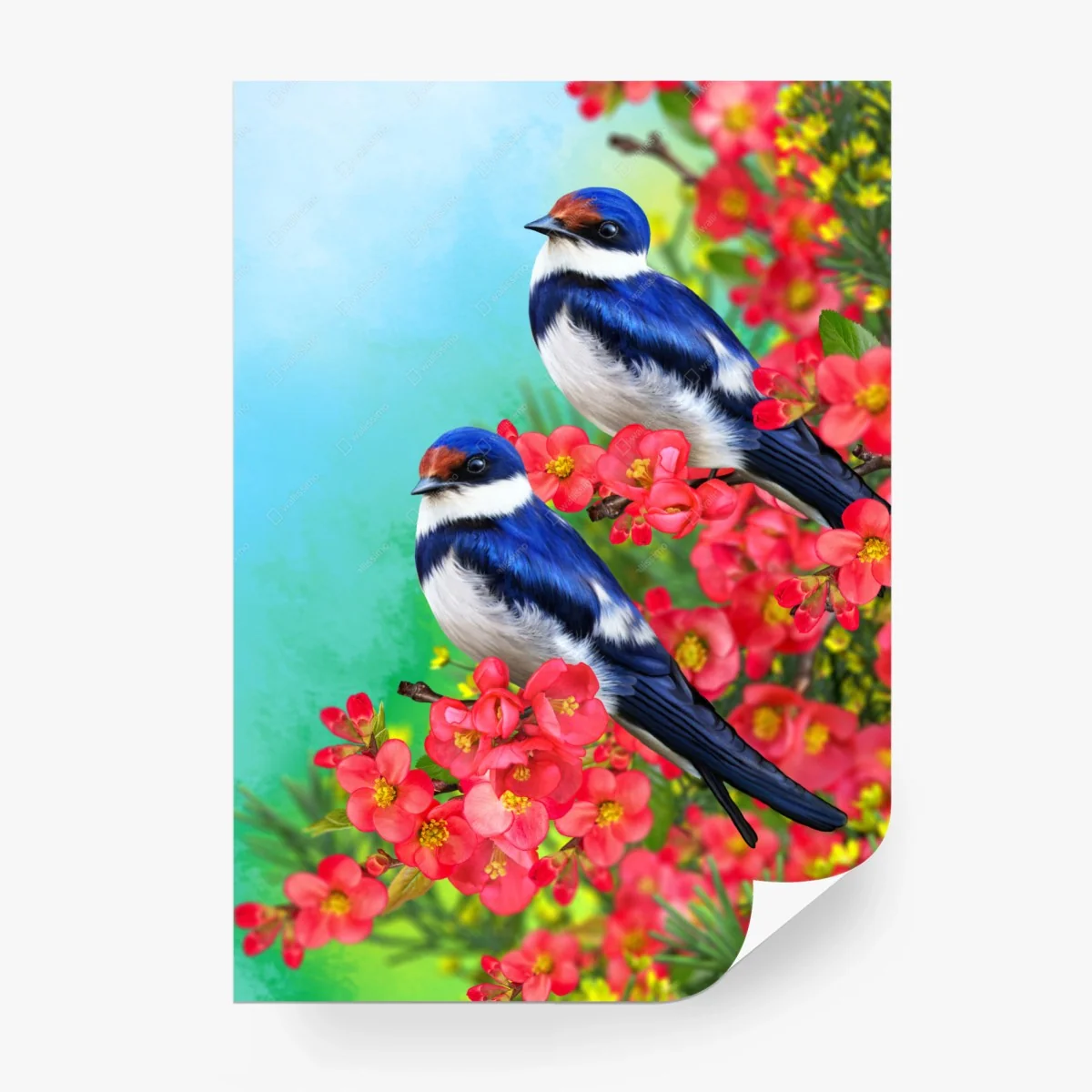 Fototapete blaue vögel zwischen rosa blüten – Wallnifity®