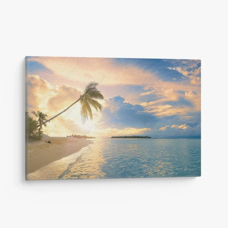 Leinwandbild Malediven tropischer sonnenuntergang mit palmensilhouette