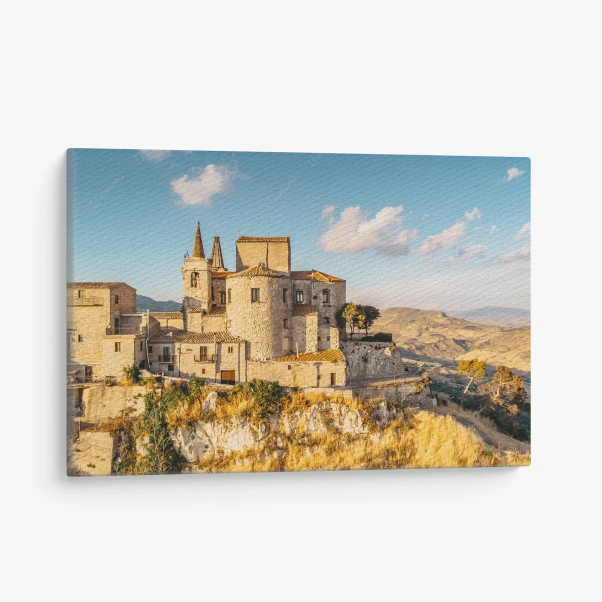 Leinwandbild sonnenverwöhntes hügeldorf über sanften hügeln – Wallnifity® Leinwandbild sonnenverwöhntes hügeldorf über sanften hügeln – Wallnifity®