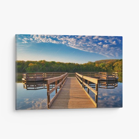 Leinwandbild ruhiger steg am see bei sonnenaufgang – Wallnifity®