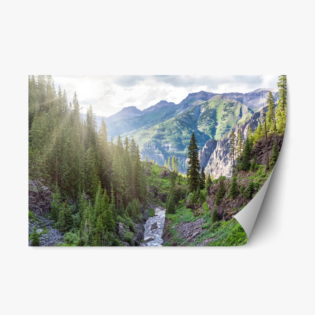 Repositionierbarer Aufkleber sonniges bergtal mit fluss – Wallnifity® Repositionierbarer Aufkleber sonniges bergtal mit fluss – Wallnifity®