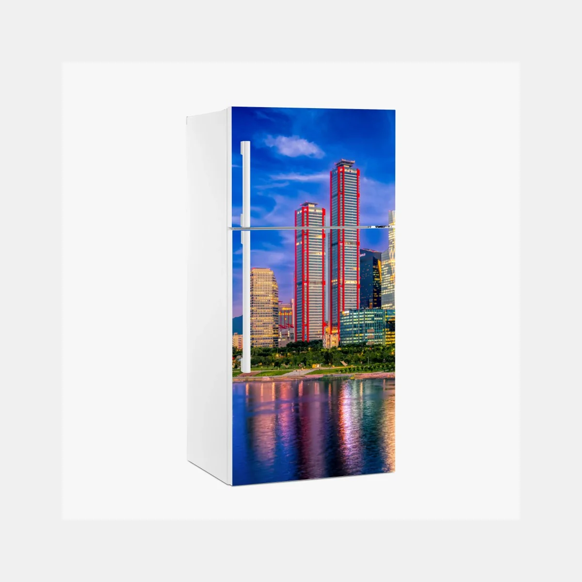 Kühlschrankaufkleber lebendige stadtskyline bei dämmerung – Wallnifity® Kühlschrankaufkleber lebendige stadtskyline bei dämmerung – Wallnifity®