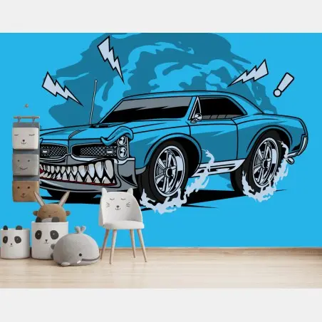 Fototapete blauer muscle car pop-art illustration – Wallnifity®