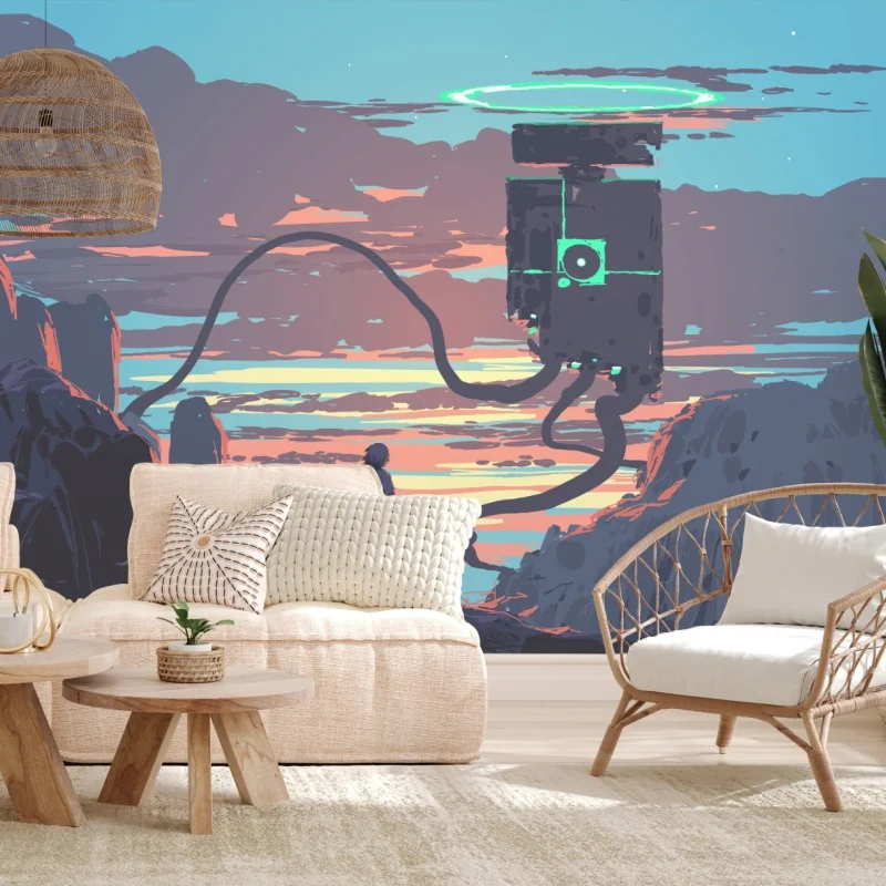 Fototapete einsamer entdecker und schwebende maschine bei sonnenuntergang – Wallnifity®