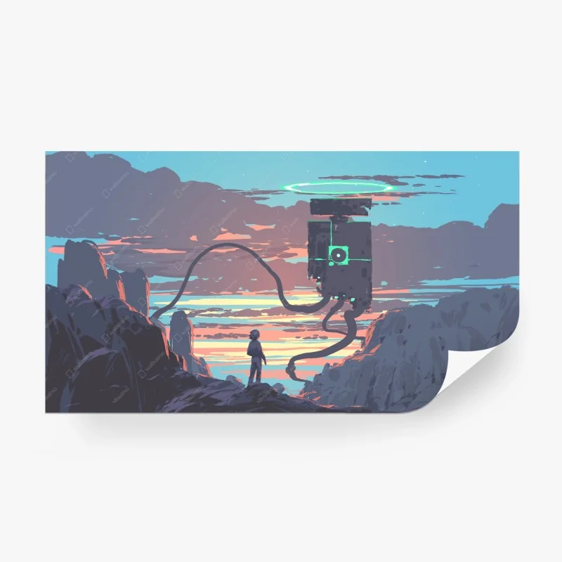 Fototapete einsamer entdecker und schwebende maschine bei sonnenuntergang – Wallnifity®