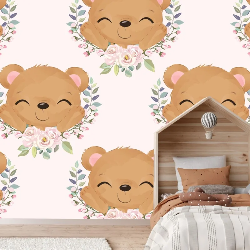 Fototapete lächelnder teddybär im blumenmuster – Wallnifity® Fototapete lächelnder teddybär im blumenmuster – Wallnifity®