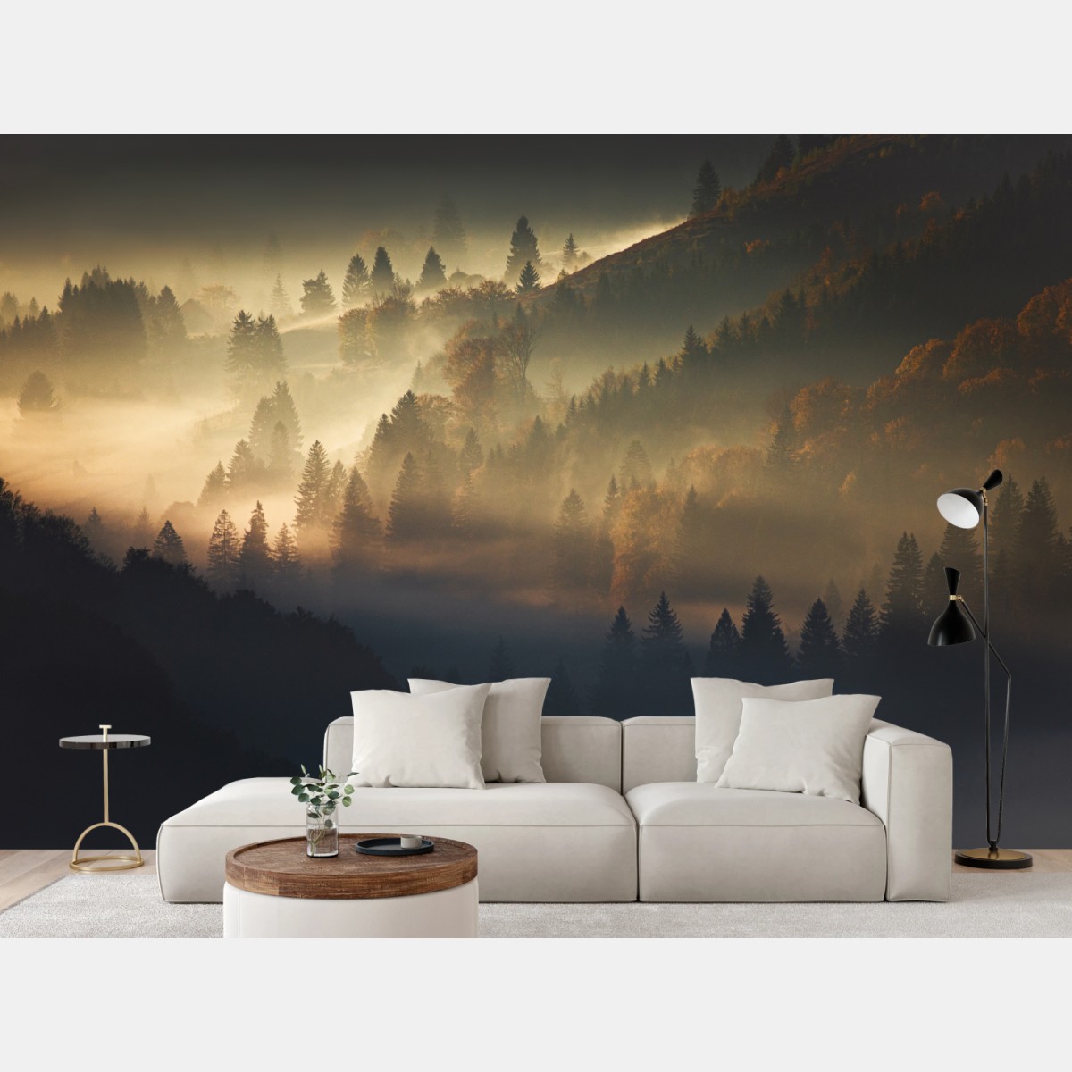 Fototapete goldener nebel über bergwald – Wallnifity®