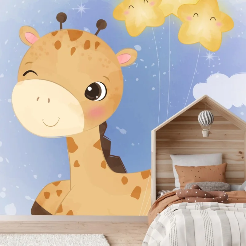Fototapete lächelnde giraffe mit sternenballons – Wallnifity®