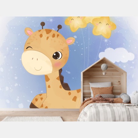 Fototapete lächelnde giraffe mit sternenballons – Wallnifity®
