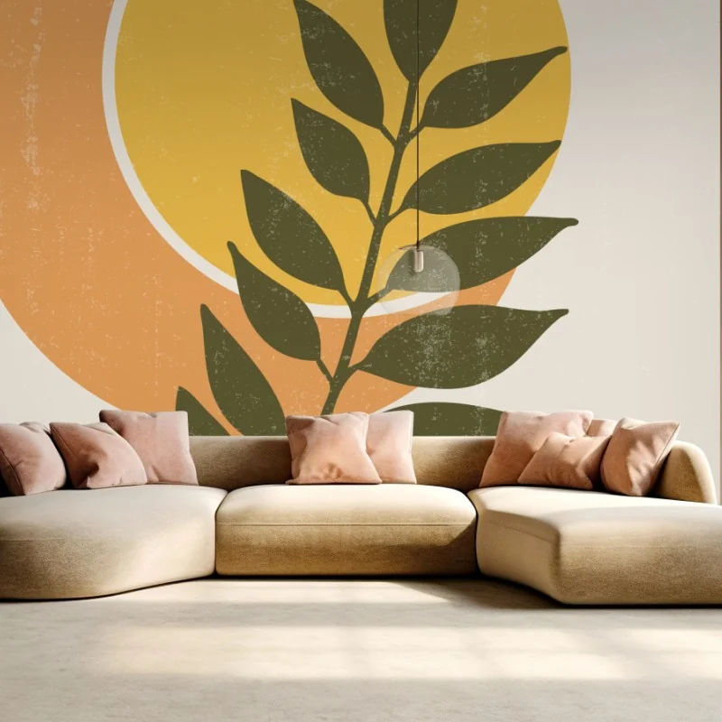 Fototapete boho sonne und mond mit pflanzenmotiv – Wallnifity®