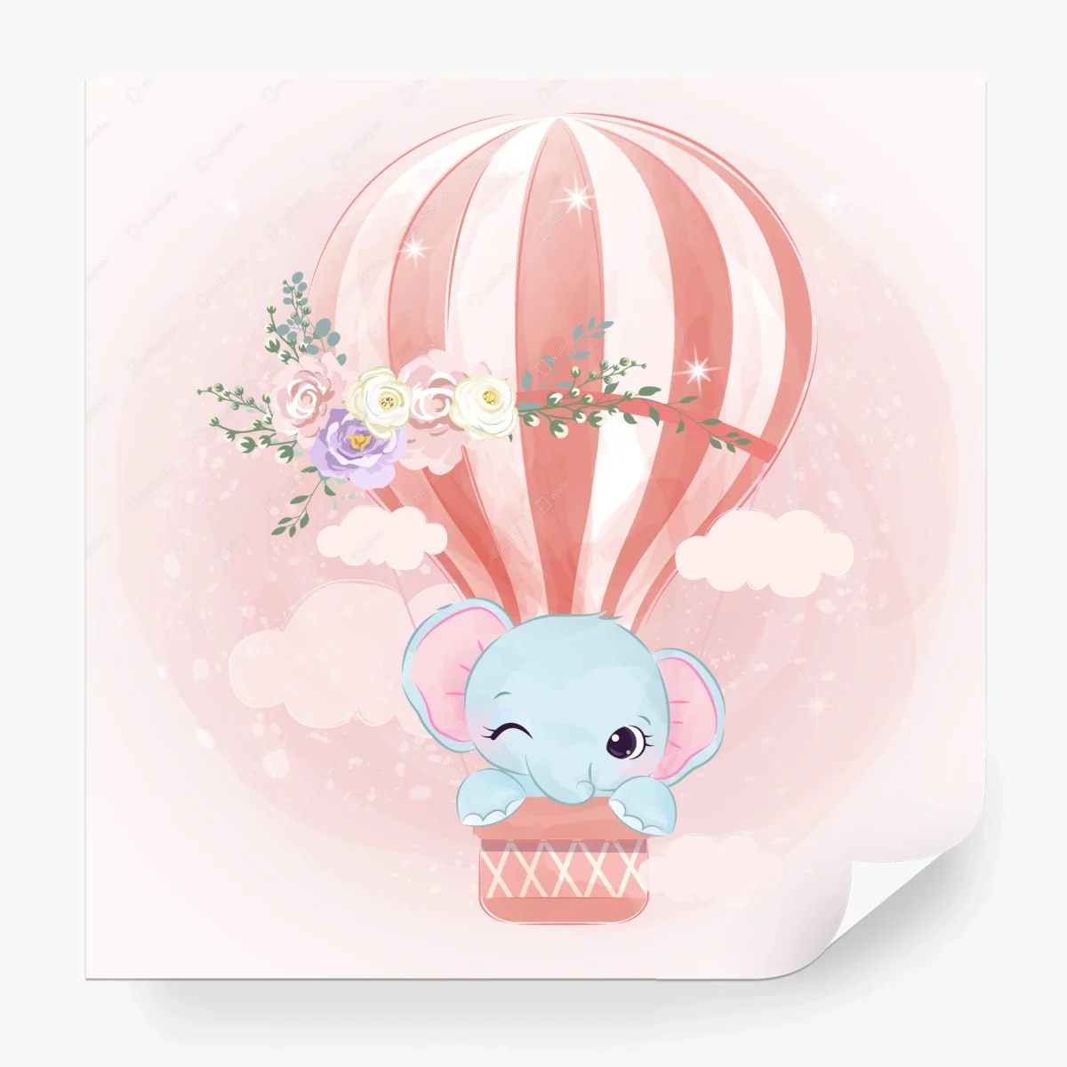Fototapete süßer elefant im rosa heißluftballon – Wallnifity®