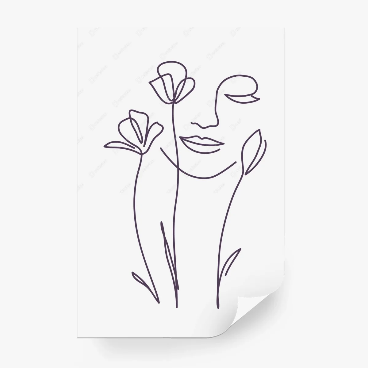 Fototapete delikate linienzeichnung gesicht mit blumen – Wallnifity®
