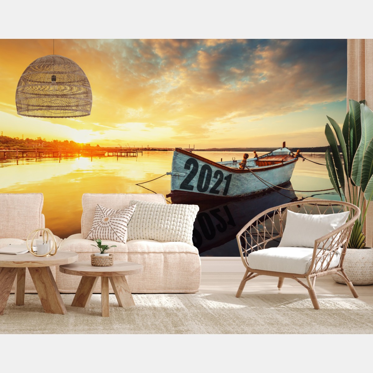 Fototapete sonnenuntergangsboot mit spiegelung auf dem Varna-see – Wallnifity®