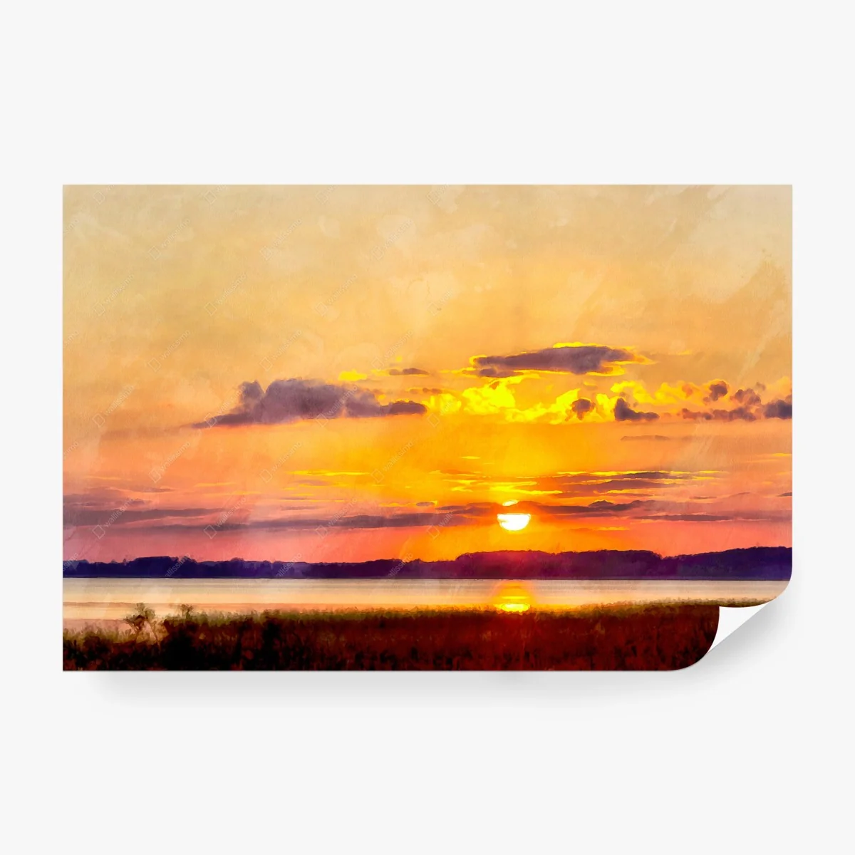 Fototapete goldener sonnenuntergang am see aquarell – Wallnifity®