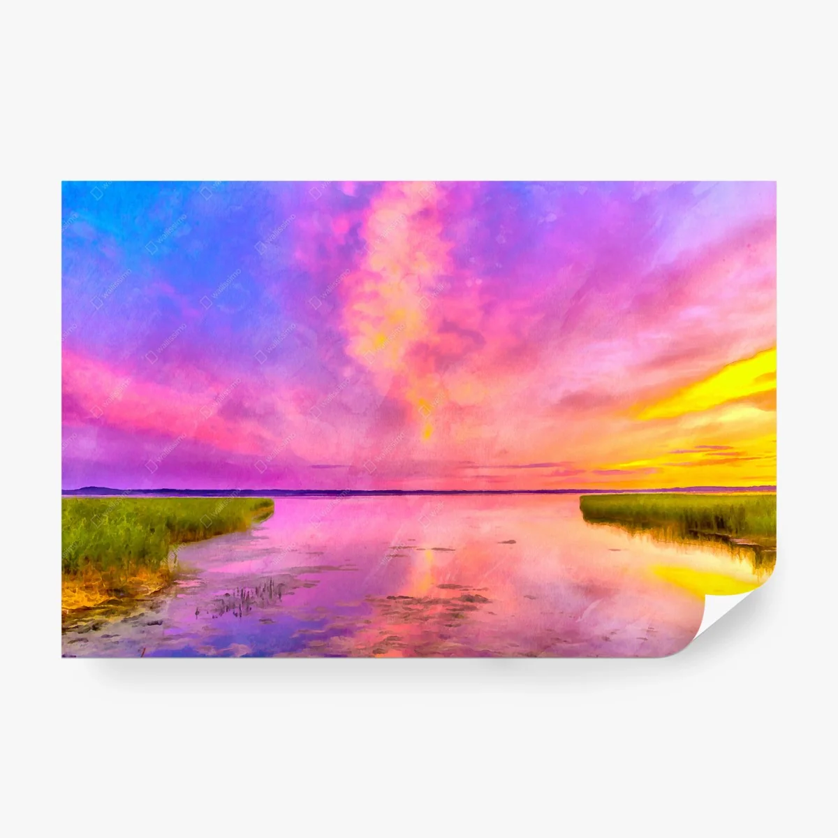 Fototapete leuchtender aquarellsonnenuntergang über dem marschland – Wallnifity®