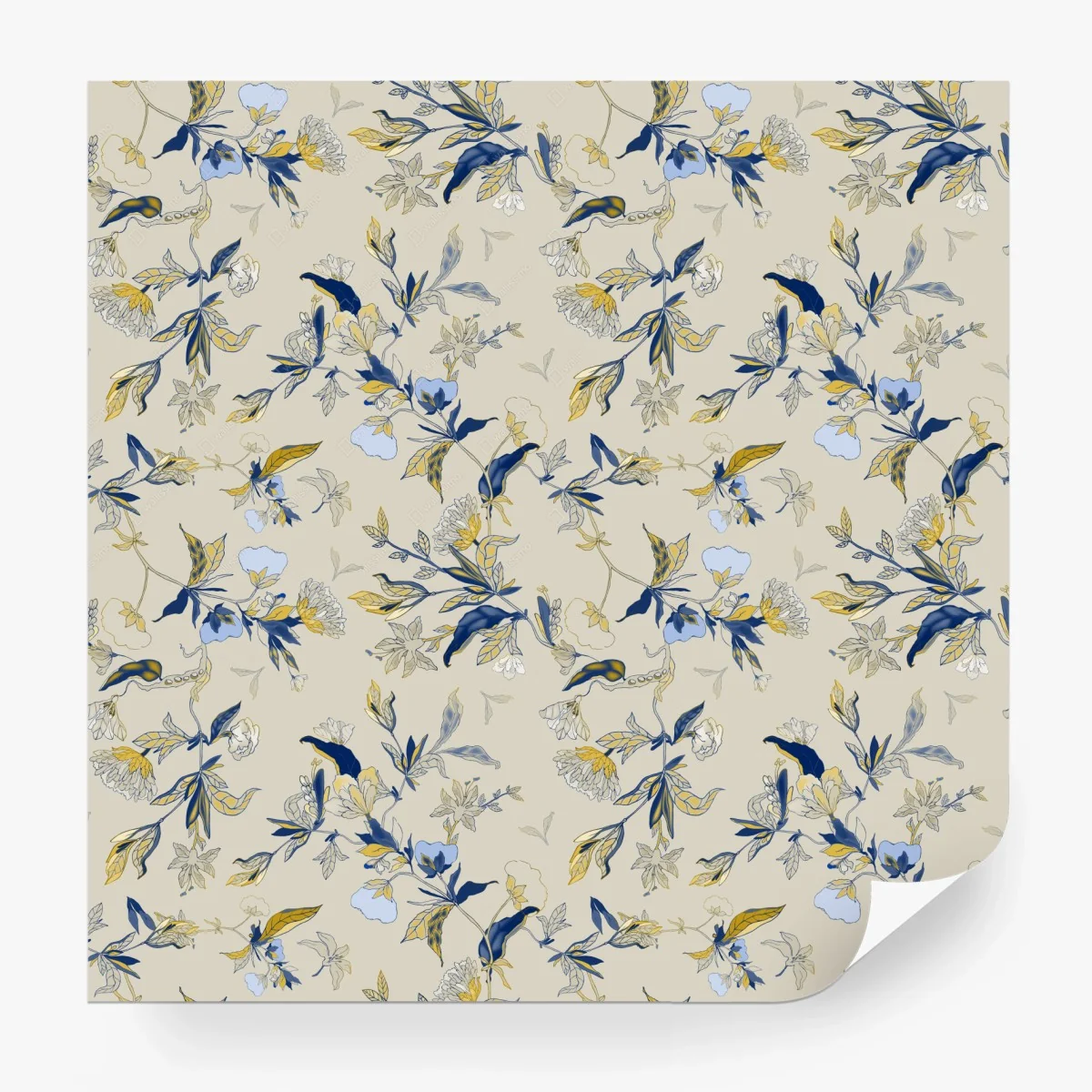 Fototapete zarter blauer blumenornament auf cremefarbenem hintergrund – Wallnifity®