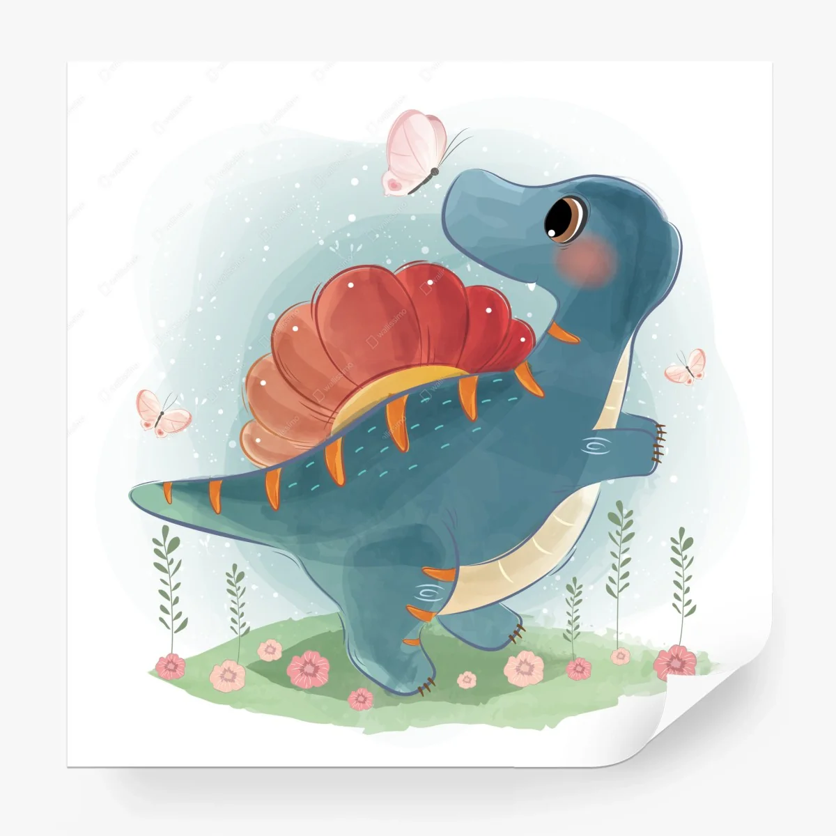 Fototapete verspielter türkisfarbener dinosaurier mit schmetterlingen – Wallnifity®