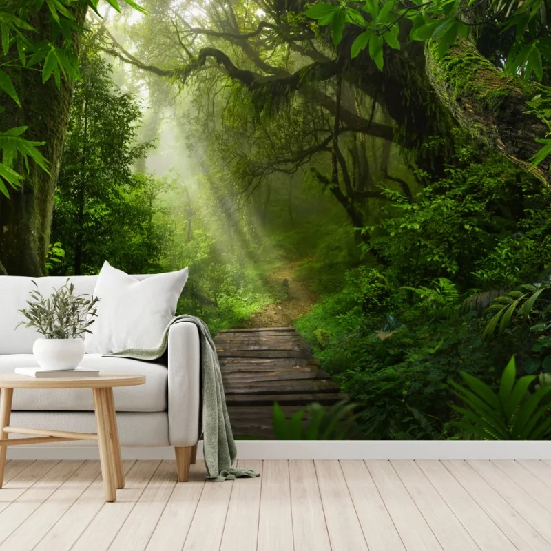 Fototapete sonnenbeschienener waldpfad durch üppiges grün – Wallnifity®