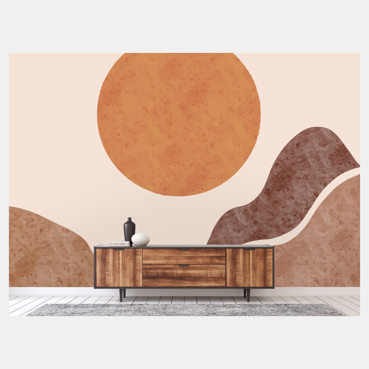Fototapete erdiges minimalistisches landschaftsbild mit sonne – Wallnifity®