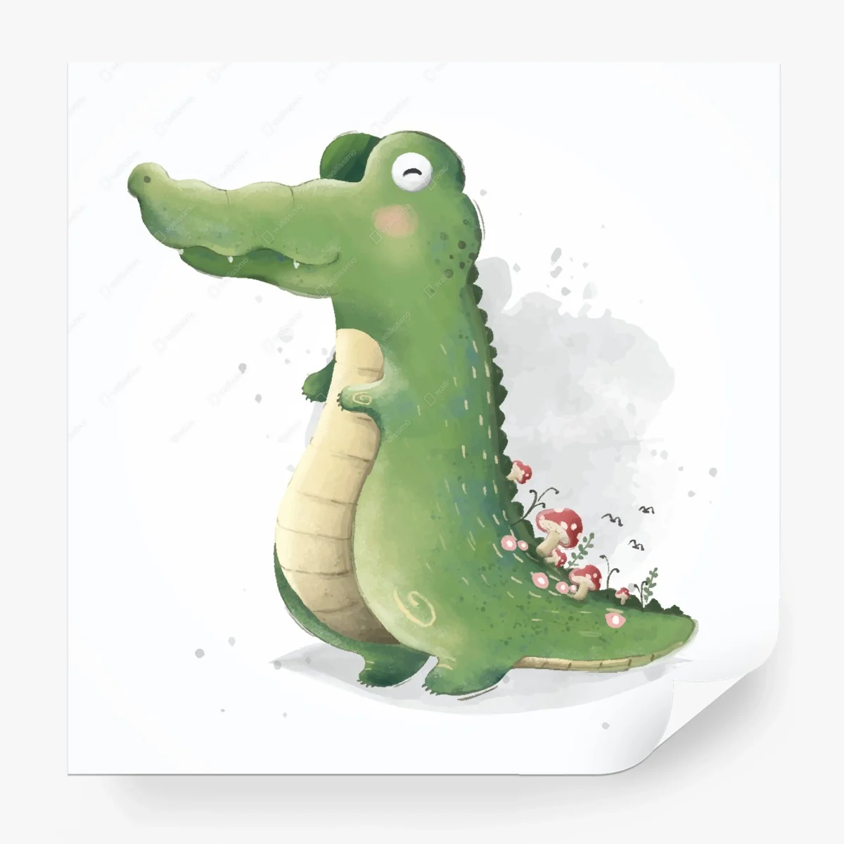 Fototapete märchenhaftes aquarellkrokodil mit pilzen – Wallnifity®