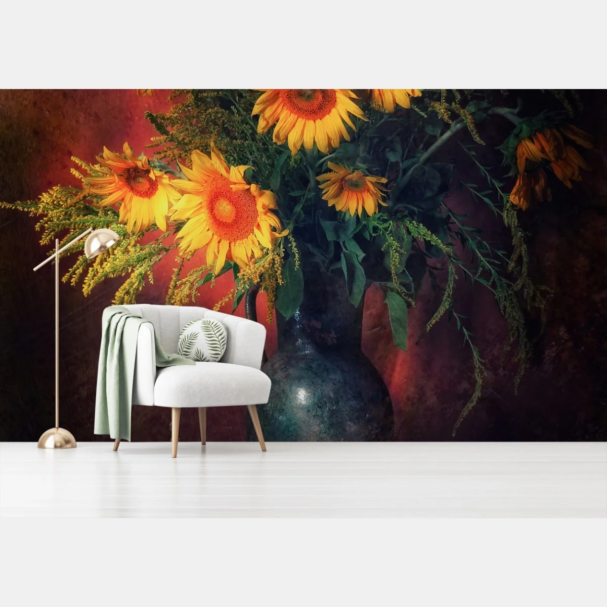 Fototapete goldene sonnenblumen in vintage-vase – Wallnifity® Fototapete goldene sonnenblumen in vintage-vase – Wallnifity®