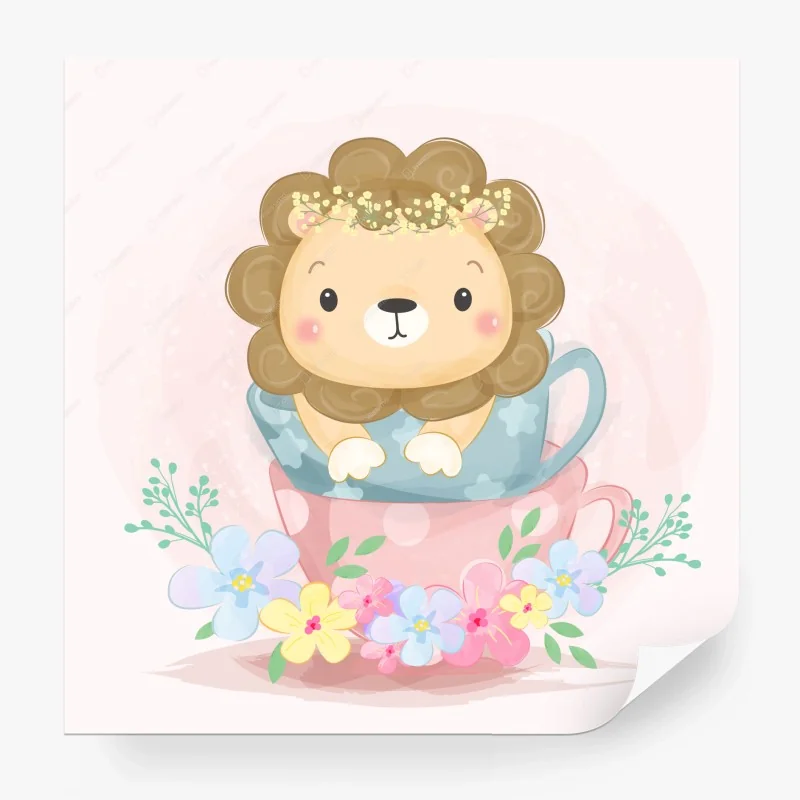 Fototapete süßer löwe in teetasse fürs kinderzimmer – Wallnifity®
