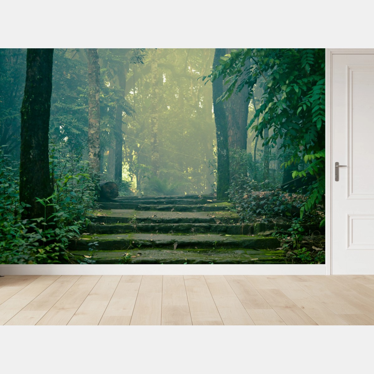 Fototapete moosbedeckte steintreppe in den nebligen wald – Wallnifity®