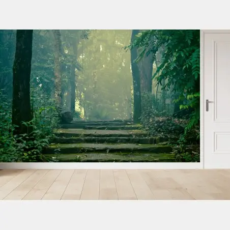 Fototapete moosbedeckte steintreppe in den nebligen wald – Wallnifity®