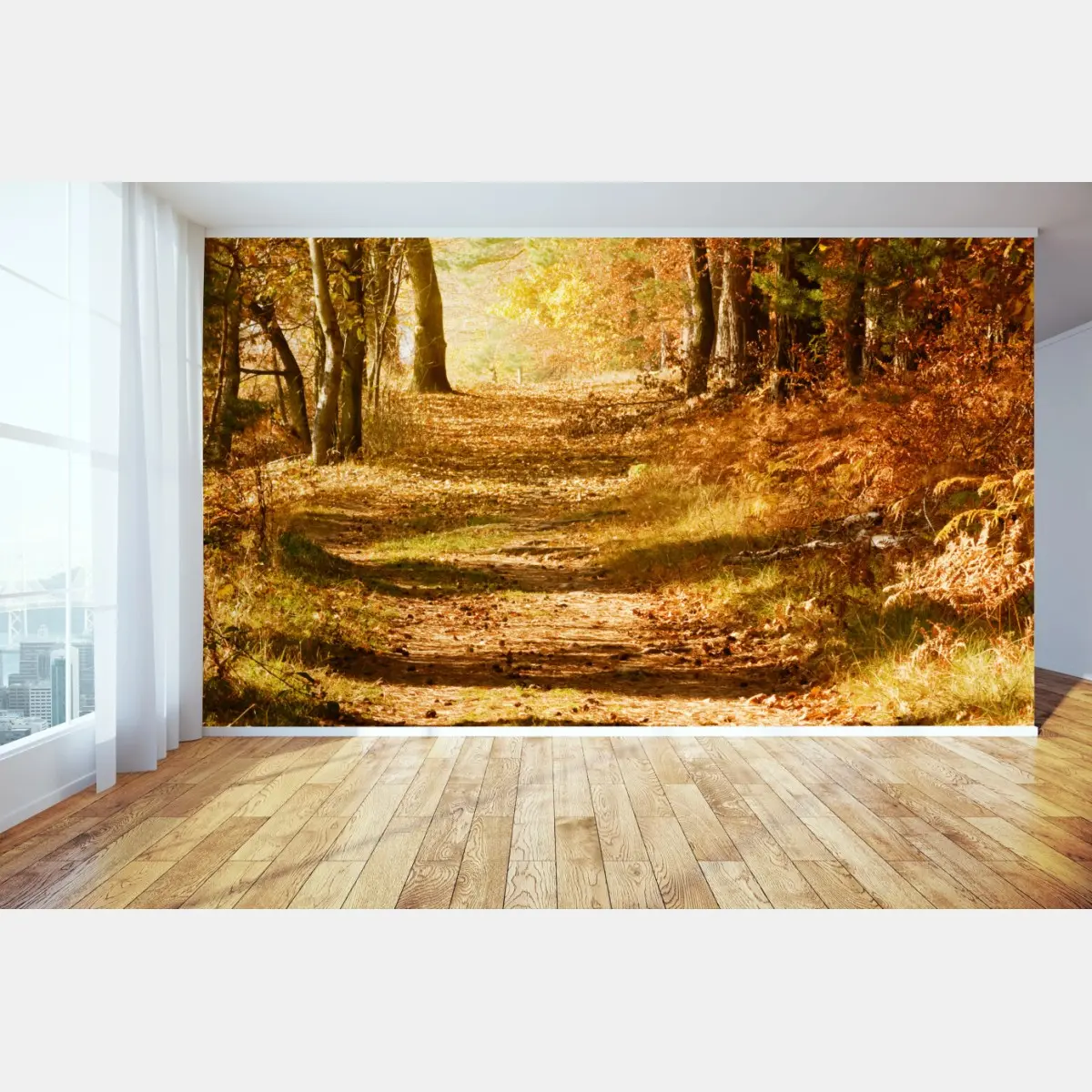 Fototapete herbstlicher waldweg mit goldenem licht – Wallnifity®