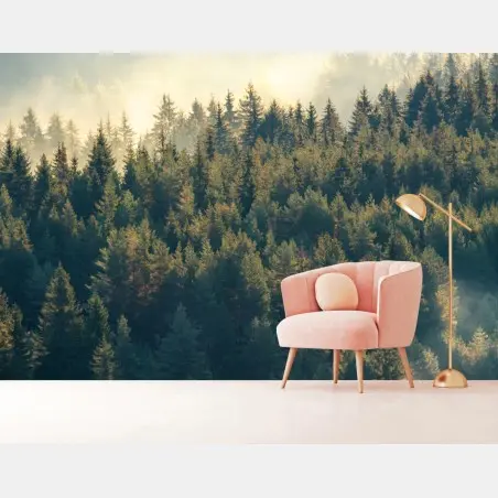 Fototapete nebliger kiefernwald im morgenlicht – Wallnifity®