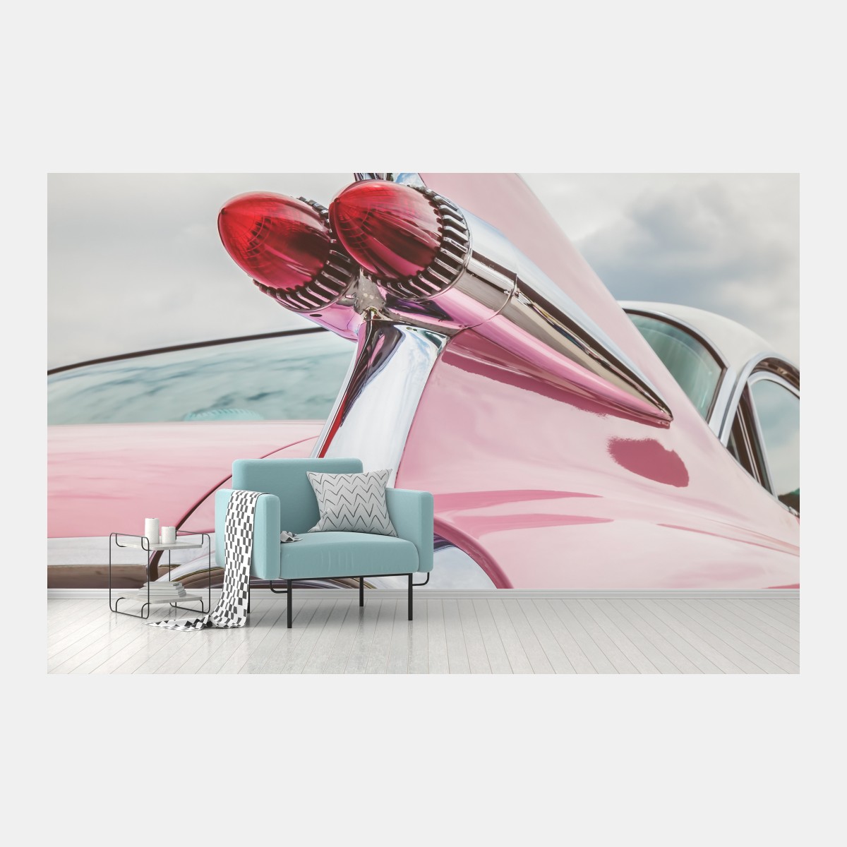 Fototapete rosa retro klassisches auto heckflosse – Wallnifity®