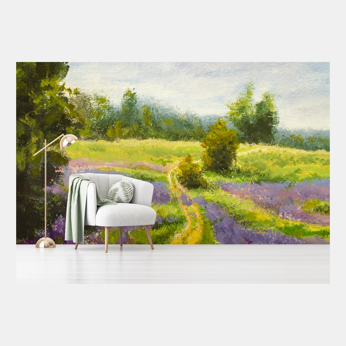 Fototapete lavendelfeld mit pfad impressionistische landschaft – Wallnifity®