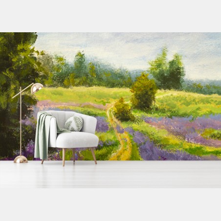 Fototapete lavendelfeld mit pfad impressionistische landschaft – Wallnifity®
