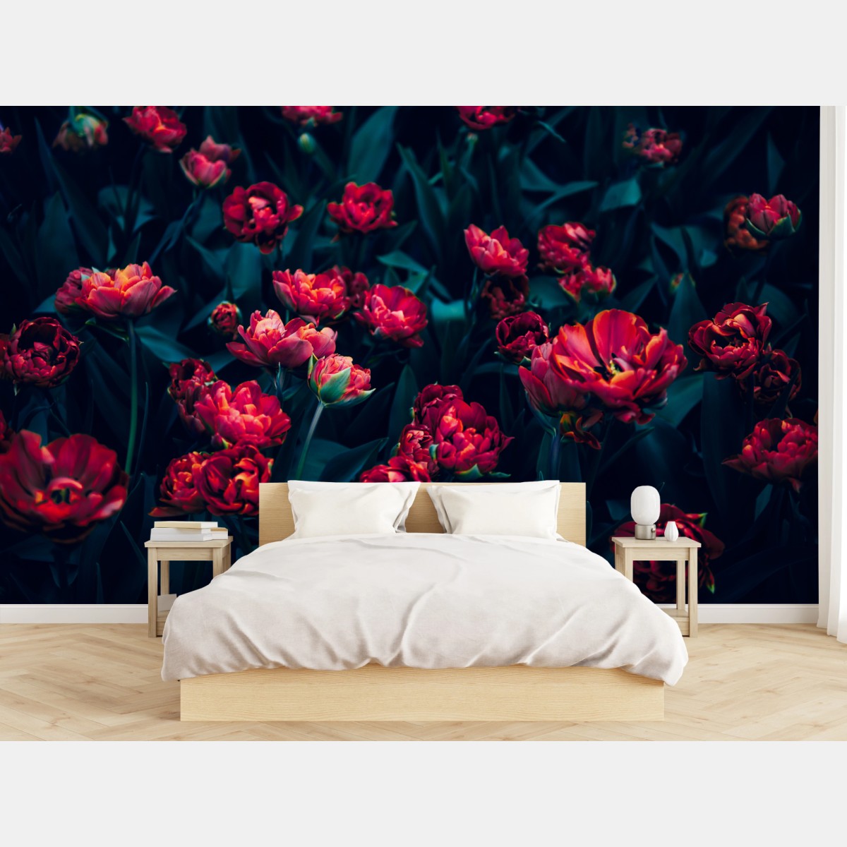 Fototapete mystischer garten roter tulpen – Wallnifity®