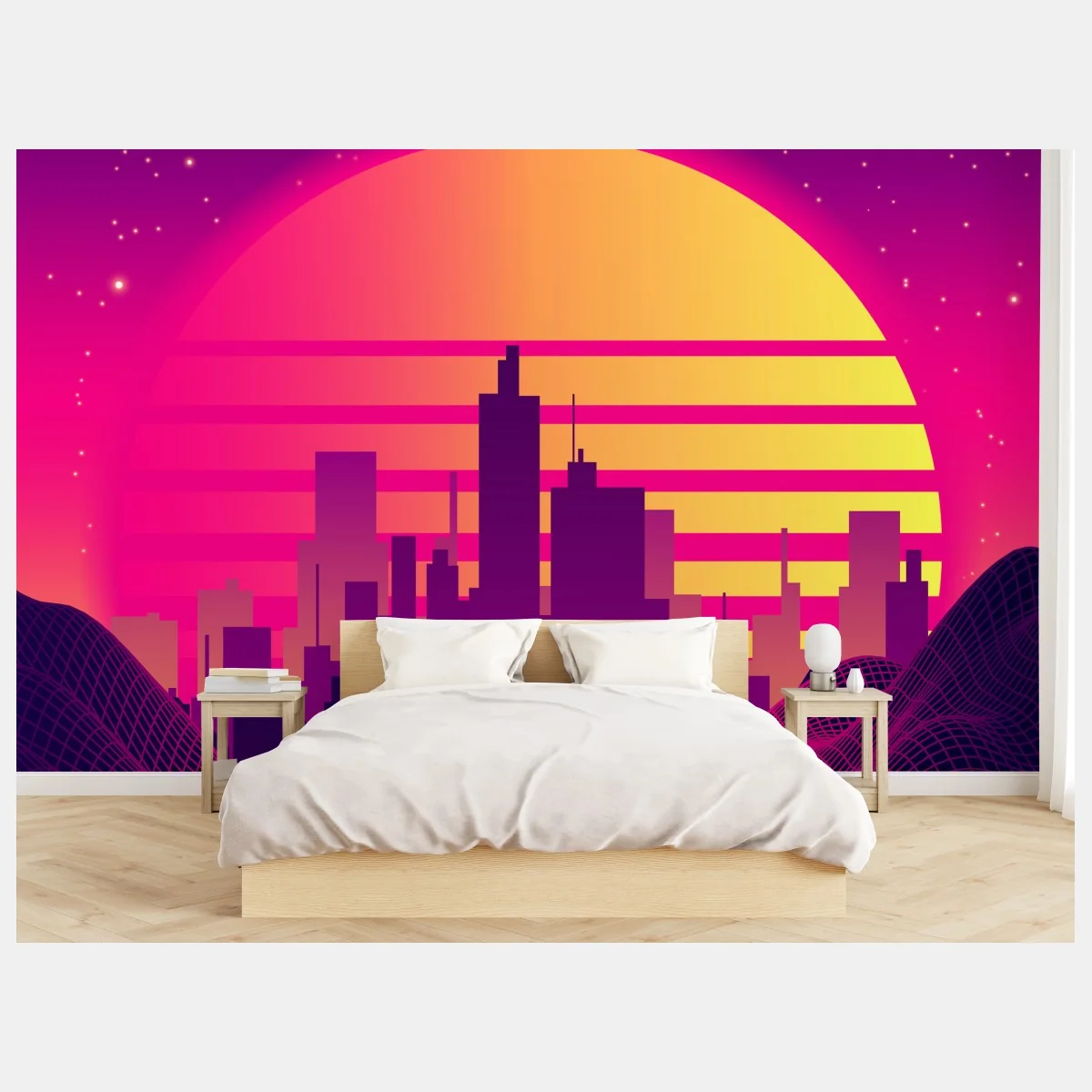 Fototapete neon-retro-stadtlandschaft mit raumschiff – Wallnifity® Fototapete neon-retro-stadtlandschaft mit raumschiff – Wallnifity®