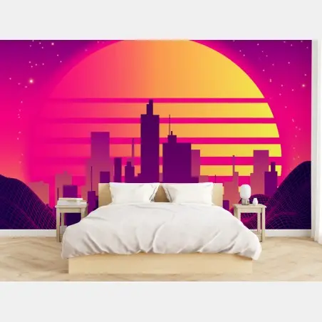 Fototapete neon-retro-stadtlandschaft mit raumschiff – Wallnifity®
