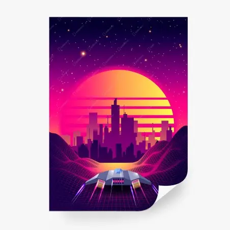 Fototapete neon-retro-stadtlandschaft mit raumschiff – Wallnifity®