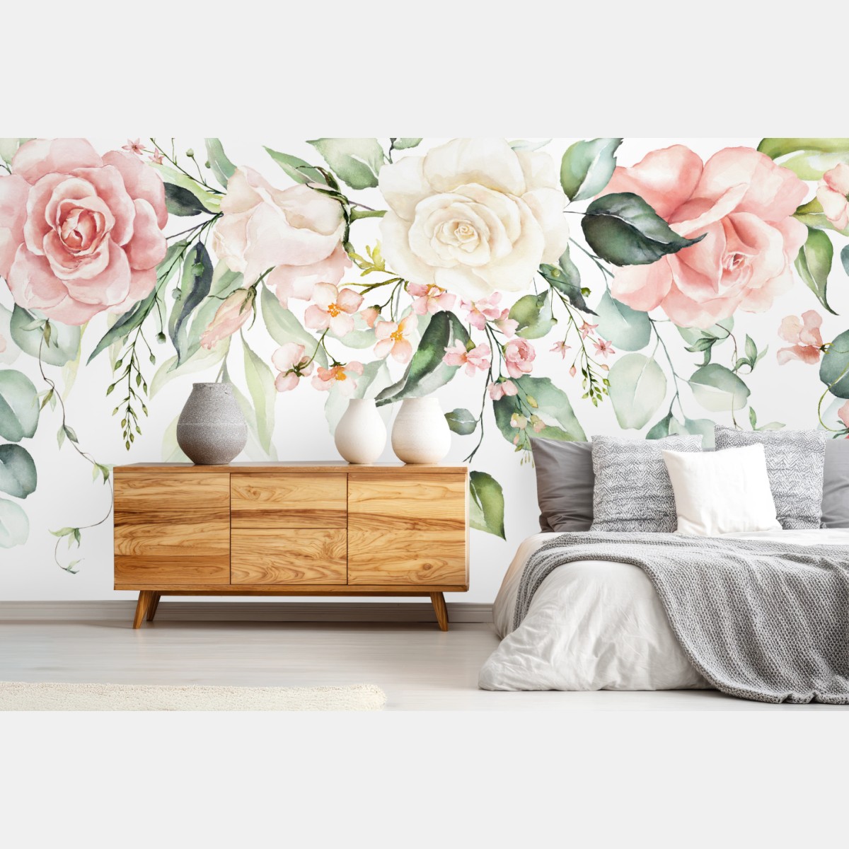 Fototapete zarte aquarellrosen mit eukalyptus – Wallnifity®