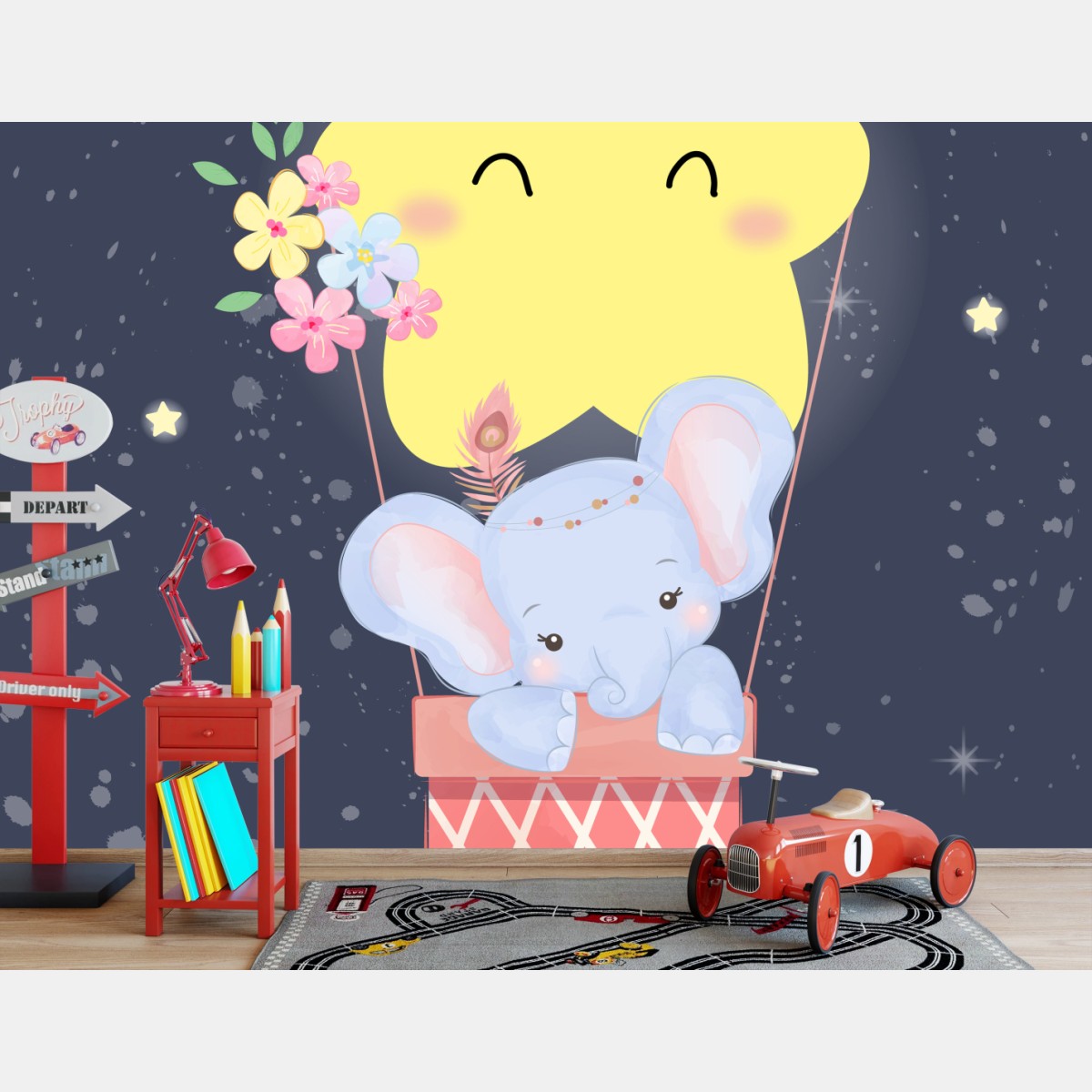 Fototapete süßer elefant mit lächelndem stern im ballon – Wallnifity®