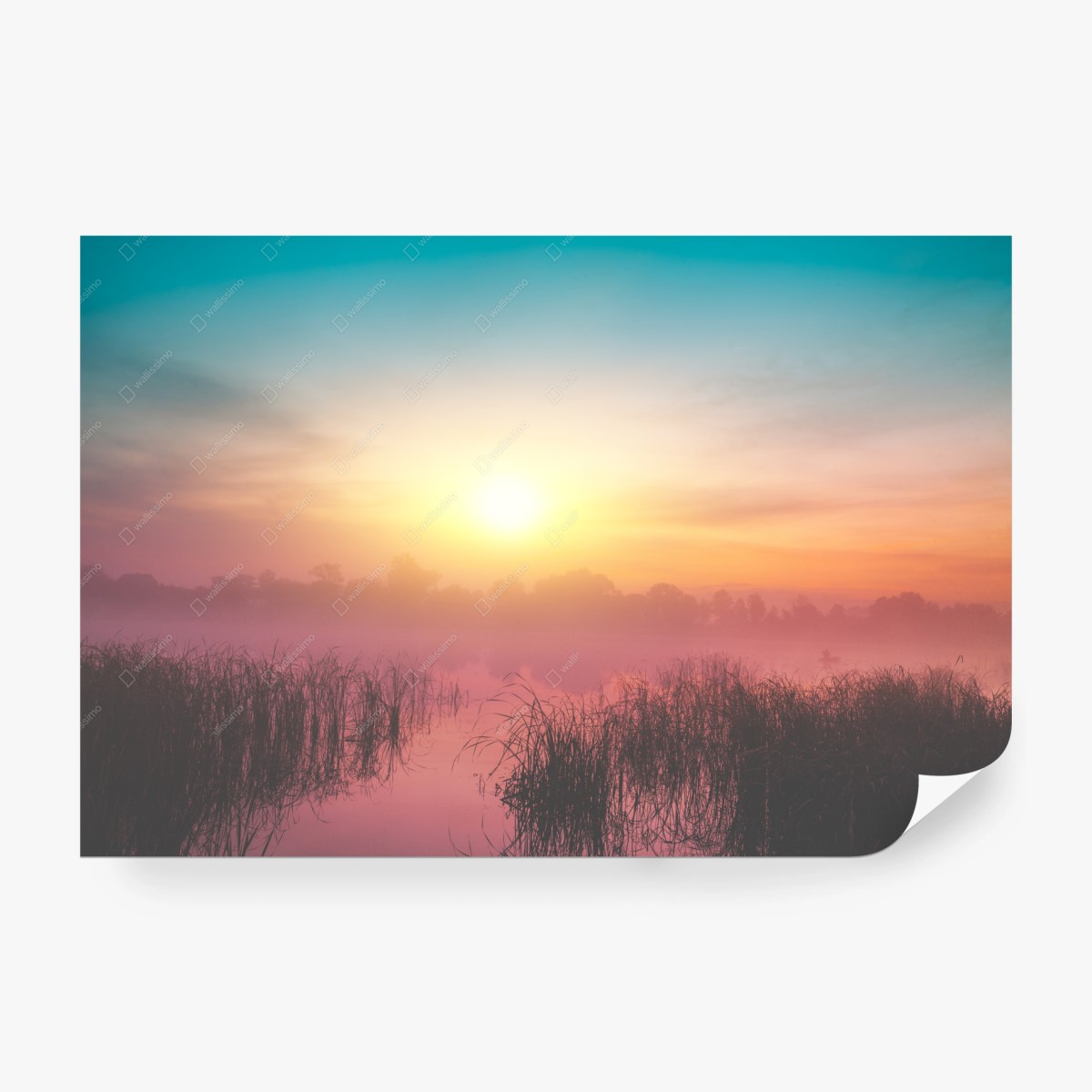Fototapete nebeliger sonnenaufgang über stillem see – Wallnifity® Fototapete nebeliger sonnenaufgang über stillem see – Wallnifity®