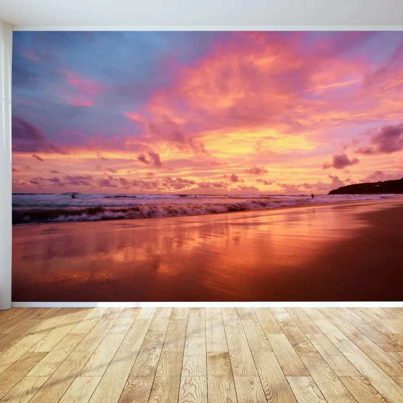 Fototapete sonnenuntergang am strand mit spiegelndem meer – Wallnifity®