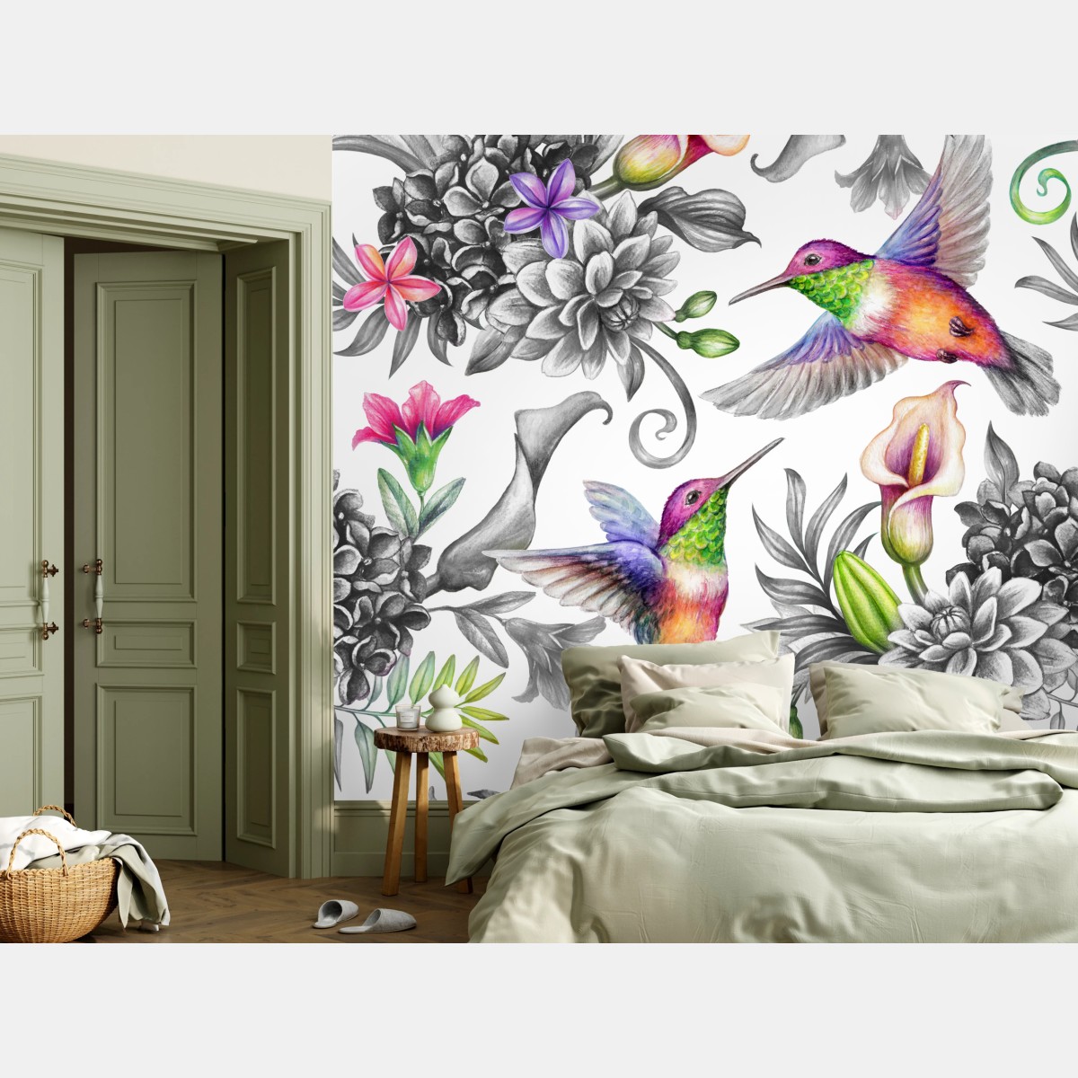Fototapete lebhaftes tropisches blumenmuster mit kolibri – Wallnifity®
