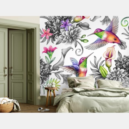 Fototapete lebhaftes tropisches blumenmuster mit kolibri – Wallnifity®