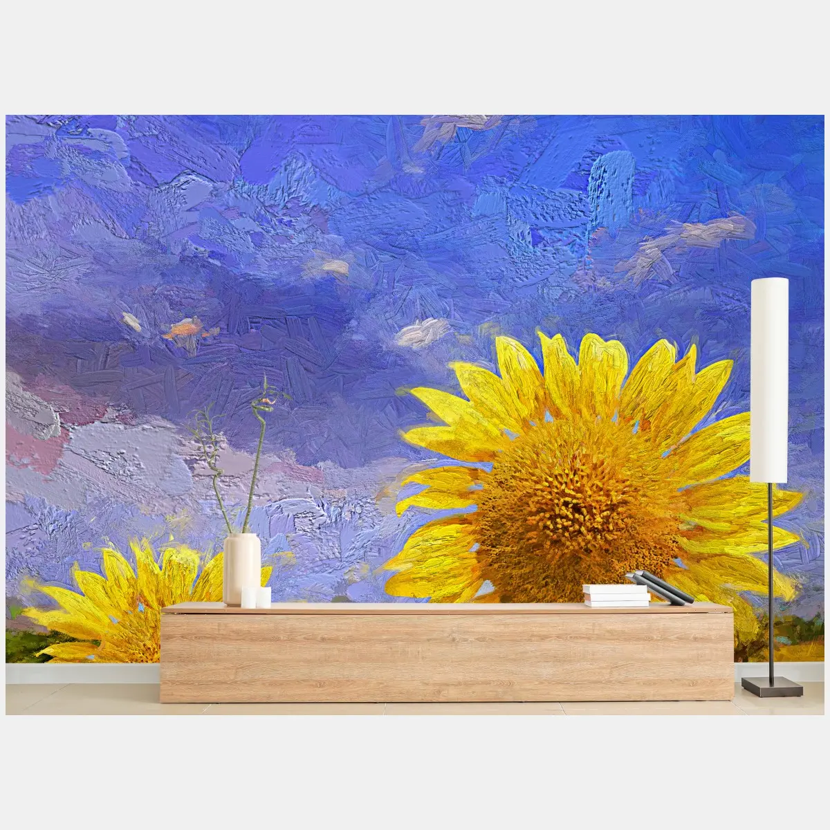 Fototapete goldenes sonnenblumenfeld unter abendhimmel – Wallnifity®