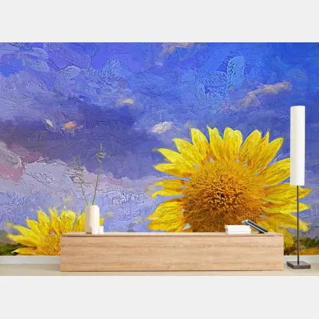 Fototapete goldenes sonnenblumenfeld unter abendhimmel – Wallnifity®
