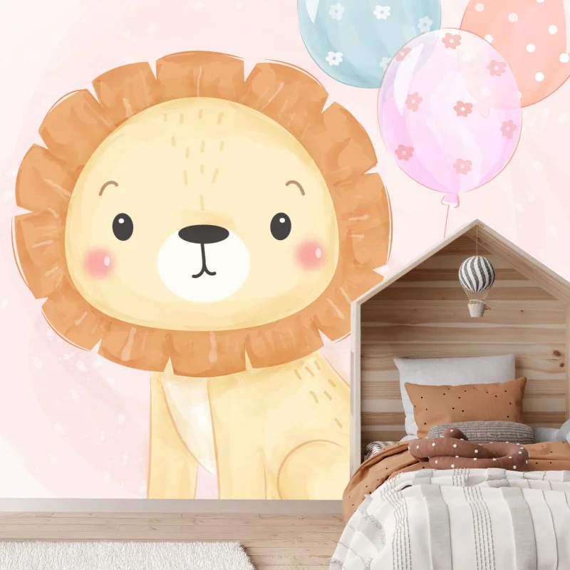 Fototapete süßer pastelllöwe mit luftballons – Wallnifity®