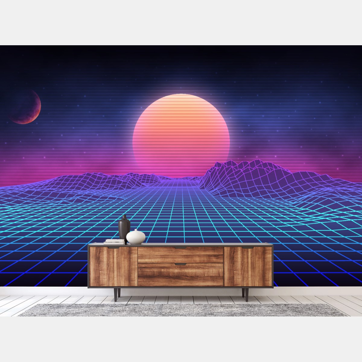 Fototapete synthwave neon sonnenuntergang auf gitter – Wallnifity®