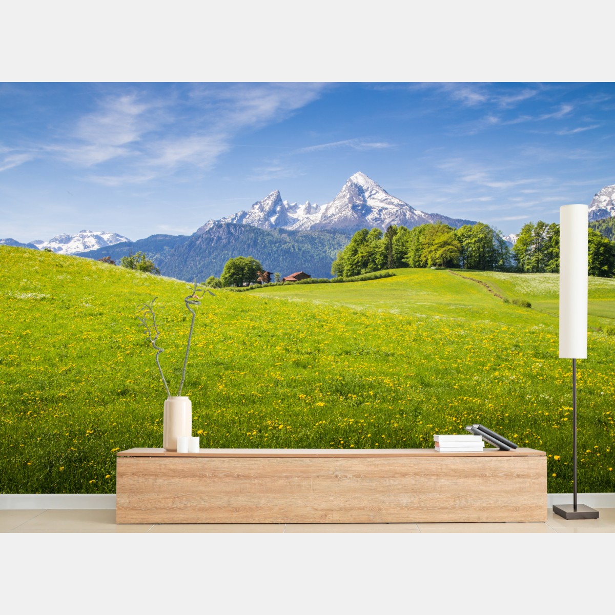 Fototapete alpenwiese mit schneebedeckten bergspitzen – Wallnifity®