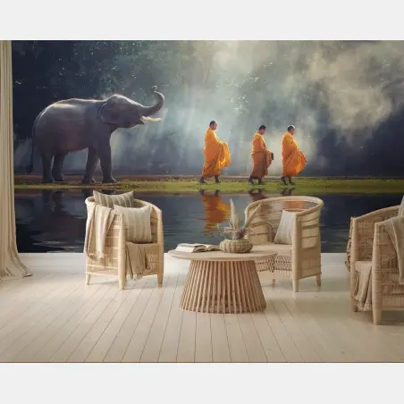 Fototapete buddhistische mönche und elefant am fluss – Wallnifity®