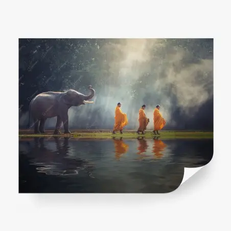 Fototapete buddhistische mönche und elefant am fluss – Wallnifity®